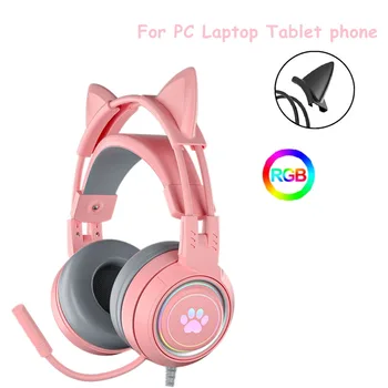 Розовые Наушники Girls Cat с Микрофоном для Ноутбука RGB LED с Шумоподавлением, Стереогарнитура для ПК, Геймерская Гарнитура для PS4, Телефон, Планшет, Подарок для Детей