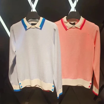 Женский свитер для гольфа в стиле колледжа, цветной костюм с 23 отворотами, Корейская версия, спортивный теннисный топ, Розовый, синий