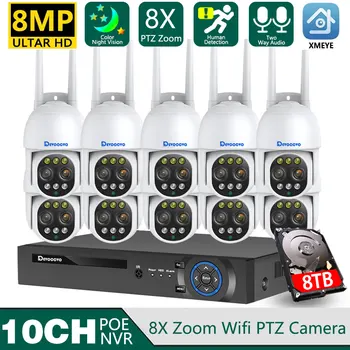 8MP HD Security 360 ° wifi камера 4K10CH NVR Наружный Водонепроницаемый комплект видеонаблюдения Домашний 8-кратный Зум CCTV cccam Двухсторонний аудио набор