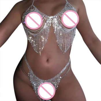 Женский сексуальный комплект бикини со стразами и цепочкой для тела, бюстгальтер и трусики с кисточками из кристаллов под D5QD